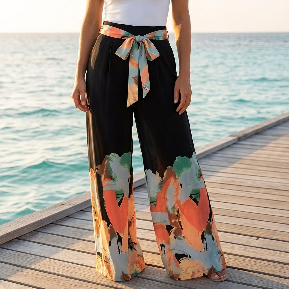 A 358 Nancy Black Abstract Print Palazzo Pants Belted Wide Leg Modern Boho NWT L - Picture 3 of 5